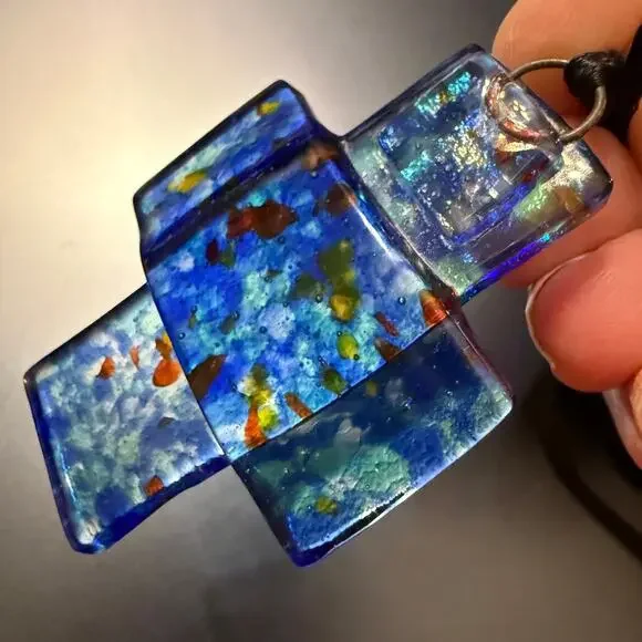 Handcrafted Colorful Speckled Blue Art Glass Cross Pendant - Picture 5 of 7